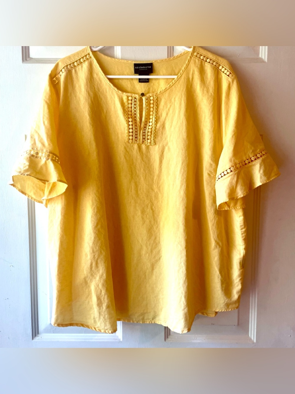 Liz Claiborne Butter Yellow Popcorn Crochet Detail Linen Cotton Blend Blouse XXL